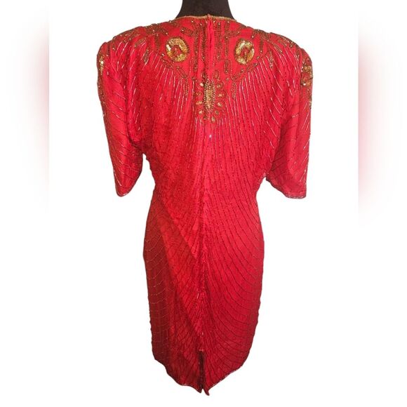 Vintage Mark & John by Sam Red 100% Pure Silk Beaded Sequined  Dress Size L - Picture 2 of 9